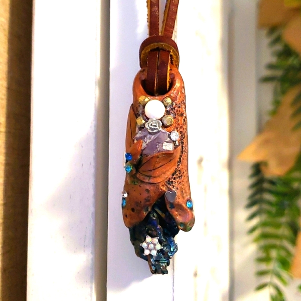 OPAL AMETHYST TITANIUM DRUZY AMULET CRYSTAL LEATHER NECKLACE HANDMADE☆OOAK BOHO
